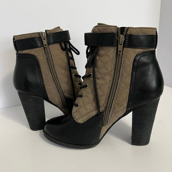 Call It Spring Khaki 'Acirari' Heeled Booties Side Zip Lace Front Quilted Detail - Picture 6 of 9